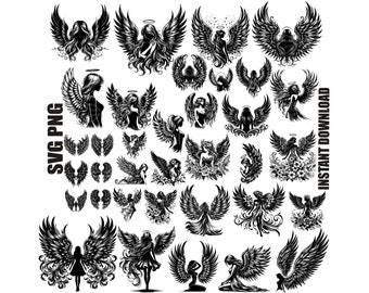 Angel Wings Svg Bundle, memorial svg, Floral Angel Wings Clip Art, Wings Cut File For Silhouette, Angel Wings Silhouette,Wings Svg Png
