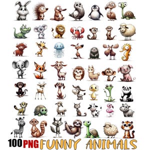 Paquete de 100 imágenes prediseñadas de animales extravagantes, extravagantes, divertidas, juguetonas, tontas, humorísticas, PNG transparente, descarga digital, uso comercial ilimitado