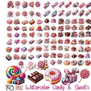 Aquarel snoep clipart, lolly clipart, cake gelei donut clipartbundel, snoep png afdrukbare snoep, zoete clipart, commercieel gebruik