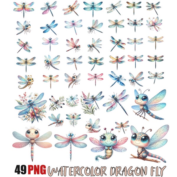 Watercolor Adorable Dragonfly Png, Dragonfly clip art, Dragonfly Bundle, 300 DPI Transparent PNGs, Digital Download, Free Commercial Use