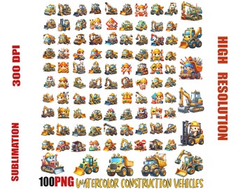 Construction Vehicles Watercolor Clipart Bundle, Kids Machinery Images, Building Vehicles Clipart, Instant Digital Download, Commercial Use