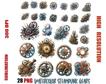 Ensemble de cliparts Steampunk engrenages et rouages PNG, Steampunk PNG, Clipart engrenages, aquarelle engrenages Png, Junk Journal, usage Commercial