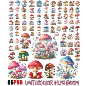 Bundle de cliparts aquarelle champignons, beaux graphiques de la forêt, illustrations numériques de la nature champignons mignons en PNG pour un usage commercial