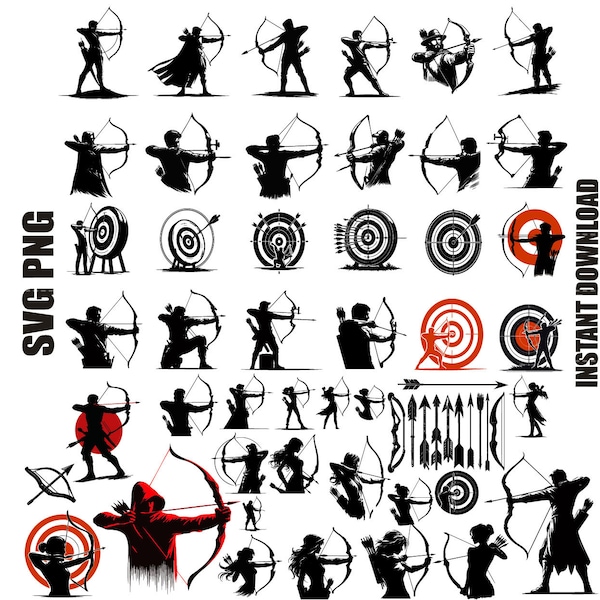 Archer Svg, arco y flecha svg, tiro con arco png, caza con arco svg Archer Png, Archer Silhouette, Target Svg, Target Silhouette, Descarga digital