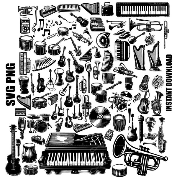 instrumentos musicales svg, instrumentos musicales png, instrumentos musicales clipart, Nota musical svg, piano svg, arpa svg, rock svg, saxo svg