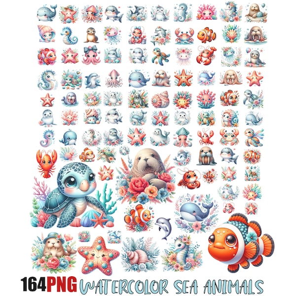 Watercolor Baby Sea Animals Png, Floral Sea Animals Clipart ,Ocean Nursery, for Card Making, Ocean Wildlife Bundle For Kids, Commercial Use