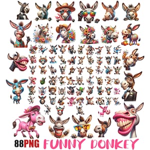 Paquete de imágenes prediseñadas de acuarela de burro divertido / Burro asomado PNG / Imágenes prediseñadas de burro adorable / Ilustraciones de burros juguetones / Descarga instantánea