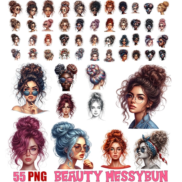 Beauty Messy Bun Clipart Bundle | Messy Bun Face | Chic Hairstyle Illustrations | PNG Files for Instant Download