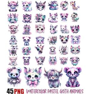 Watercolor Adorable Pastel Goth Animals PNG, Creepy Pastel Goth Cute Animals Clipart, Fantasy, Kawaii Pastel Goth Clipart, Commercial use