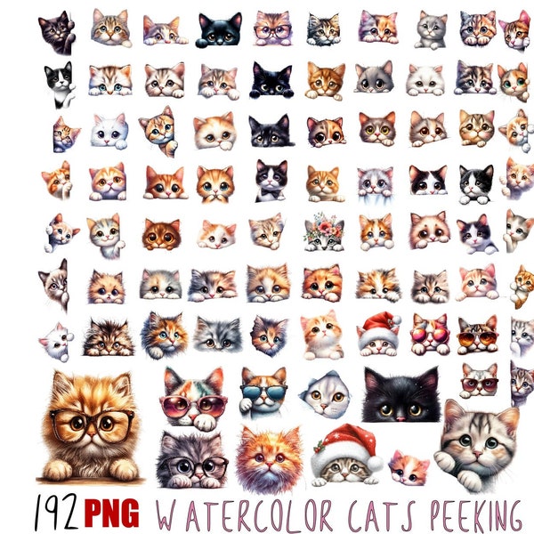 Watercolor Cat Peeking Png,  Adorable Feline Illustrations, Peeking Cat Clipart, Cute Cat Png, Fur Kitten Png, Commercial Use