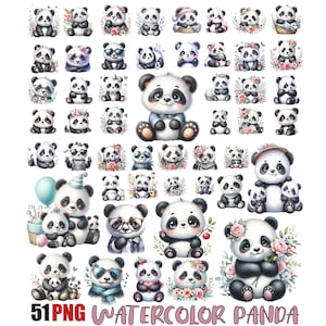 Pacote de clipart de pandas adoráveis em aquarela, panda de decoração de berçário PNG, panda fofo PNG, clipart de panda floral, arquivo digital, uso comercial