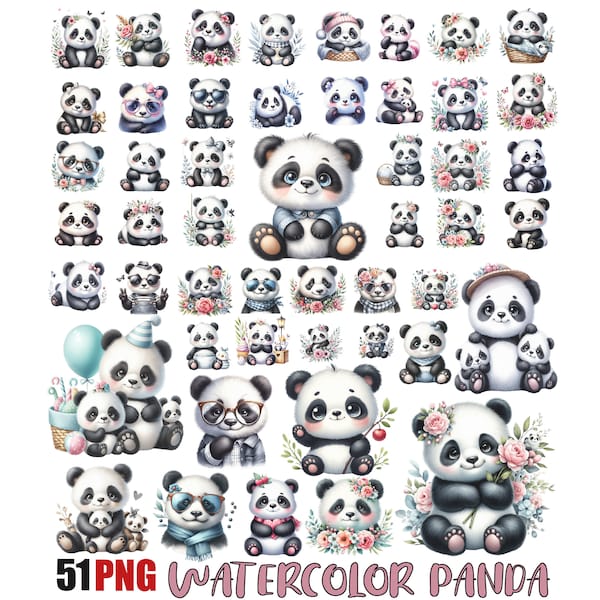 Watercolor Adorable Pandas Clipart Bundle, PNG Nursery Decor Panda, Cute Panda PNG, Floral Panda Clipart, Digital File, Commercial use