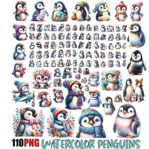 Paquete de imágenes prediseñadas de pingüinos de acuarela / Adorables ilustraciones de aves árticas / Archivos PNG para descarga instantánea, uso comercial