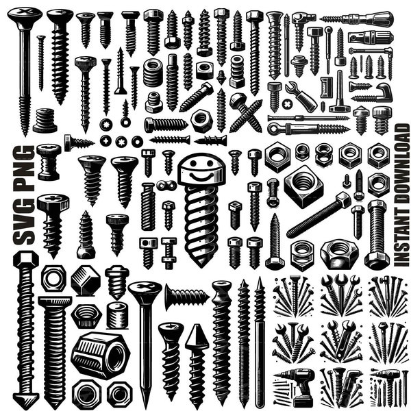 Screw Set Svg, bolts and screws svg, Screw silhouette, Screw cut file for cricut, Screw clipart, Screw tools svg, bolt and nail svg