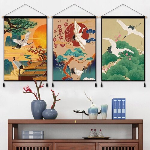Japanese Art Scroll Wall Decoration Floral Art Canvas Paint Etsy