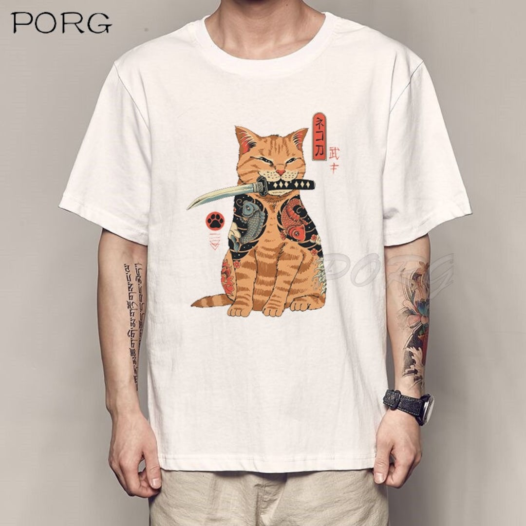 YeT014 Samurai Swordart Cat Tee
