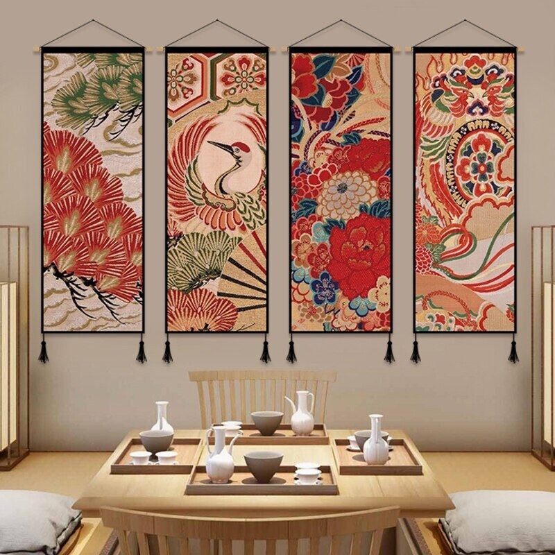 Canvas Hanging Scroll Painting Tapestry Japanese Scenery Wall Art Home Adornment 