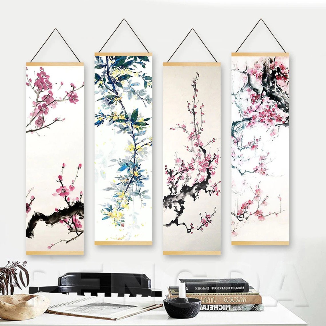 Japanese Wall Art Scroll Ukiyoe Plum Blossom Landscape Poster Etsy
