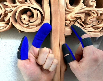 Premium blue thumb guard . men's thimble leather . wood carving . men's leather guard , 4pcs set . work with metal