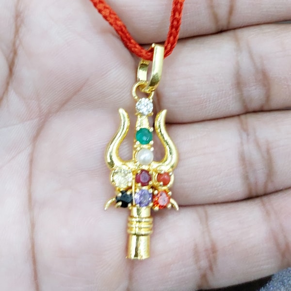 Trishul Pendant Navratan Pendant Navratna Pendent 100% 9 Natural Stone With Asthadhatu Golden Color Metal