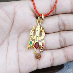 Trishul Anhänger Navratan Anhänger Navratna Pendent 100% 9 Naturstein mit 5 Mukhi Rudraksha Perlen