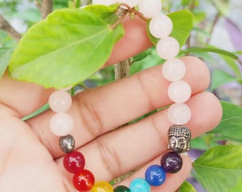 Bracelet chakra en quartz rose avec breloque bouddha | Cadeau de bijoux de méditation extensible