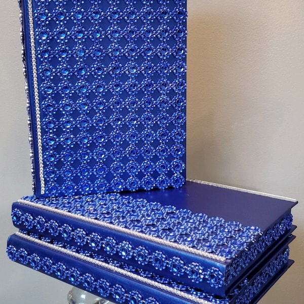 ROYAL BLUE Glam Decor Book Set with Chain & Mirror Trim (Silver or Gold) | Display Books