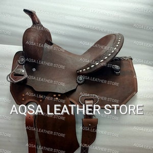Premium Quality Western Leather Barrel Rough Out Saddle With Free Matching Headstall, Breast Collar, Front and Back Cinches..