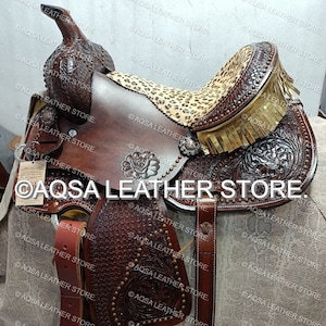 Leopard Print Western Leather Barrel Saddle With FREE MATCHING SET.