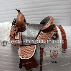 Western Leather Treeless  Saddle With Free Matching Headstall, Breast Collar, Font, And Back Cinches.