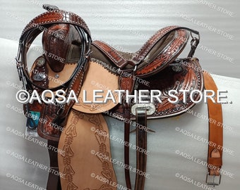 Premium Quality Western Leather Barrel 15" Inches Rough Out Saddle With Free Matching Set And Back Cinch.