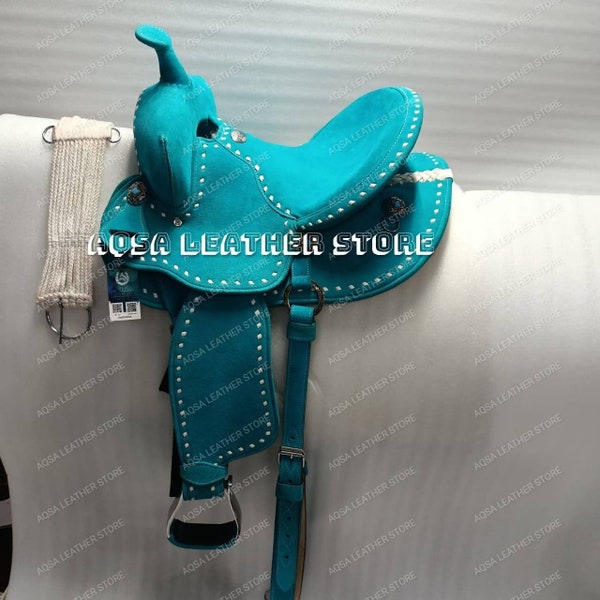 Best Quality Lightweight, Neoprene Padded Western Barrel Horse Saddle  With Free Matching Headstall, Breast Collar, Front and Back Cinches.