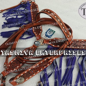 Hand Made Leather Head Stall And Breast Collar Tack Set With Suede Fringes