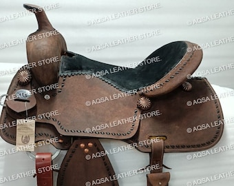 Premium Quality Western Leather Barrel Rough Out Saddle With Free Matching Headstall, Breast Collar, Front and Back Cinches.