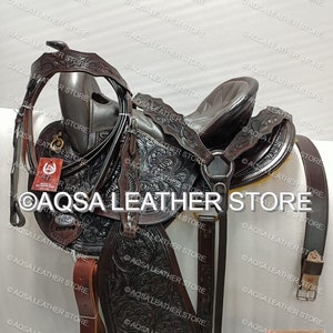 Western Horse Endurance Trail Leather Saddle With Free Matching Headstall, Breast Collar, Front and Back Cinches. .
