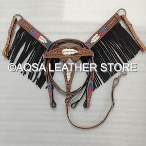 Hand Made Floral Painted With Suede Fringes Leather Head Stall And Breast Collar Tack SET