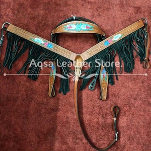 Hand Made Floral bemalt mit Wildleder Fransen Leder Kopf Stall und Brustkragen Tack SET