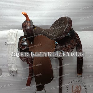 Premium Quality Western Leather Barrel Rough Out Saddle With Free Matching Headstall, Breast Collar Front And Back Cinches.