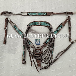 Cow Leather Horse Tack Set: Beaded Headstall, Breast Collar & Reins
