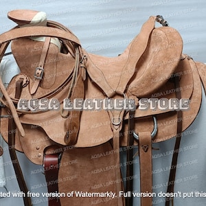 Premium-Qualitätsleder Rough out Wade Ledersattel mit freiem passenden Headstall, Brustkragen, vorderen und hinteren Cinches.
