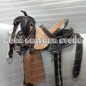 Premium Quality Western Leather Barrel Rough Out Saddle With Free Matching Headstall, Breast Collar, Front and Back Cinches.