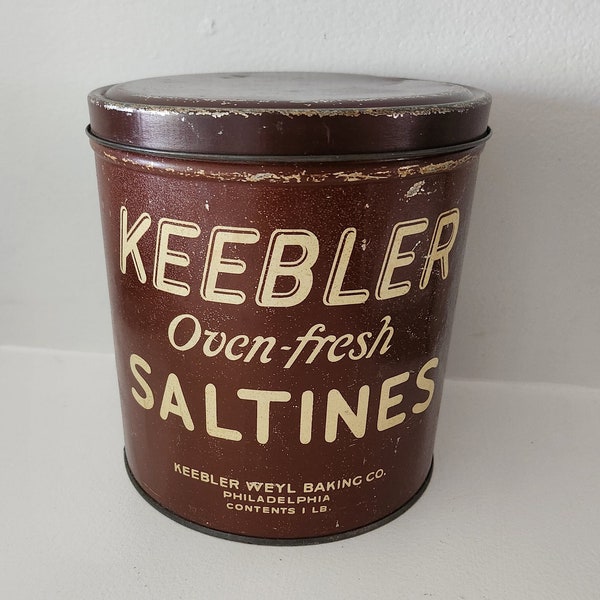 Vintage Keebler Oven-Fresh Saltines Tin Keebler Weyl Baking Company Philadelphia. Cracker Tin Canister Brown Keebler Tin Box Collectible Tin