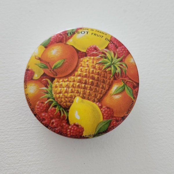 Tissot Fruit Drops France Candy Empty Tin -- Vintage Candy Tins -- Retro Fruit Kitchen Decor -- Small Storage Decorative Tins