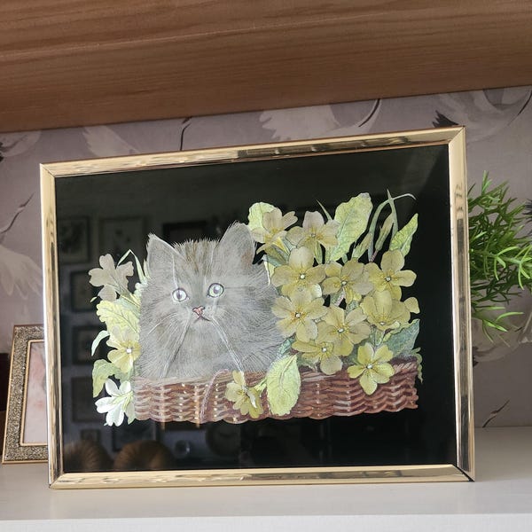 Vintage Foil Cat Print – Iridescent Framed 1980s Art