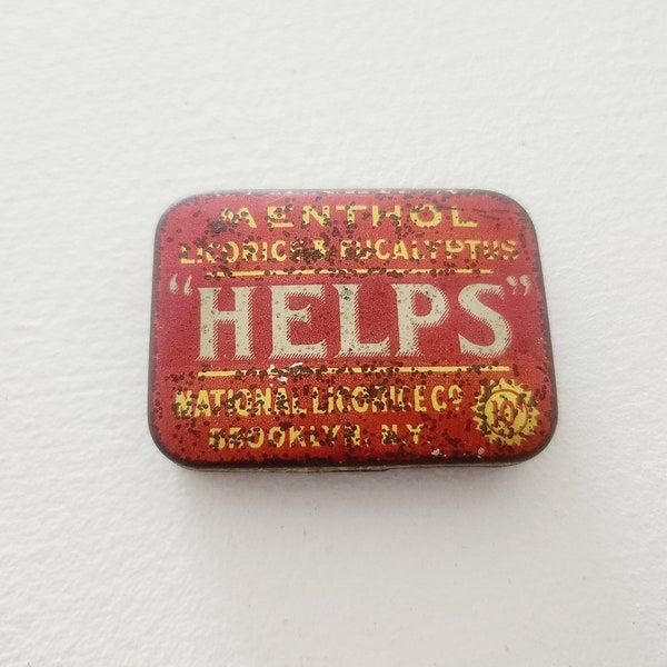 Vintage Helps Menthol Licorice & Eucalyptus Pellets Tin -- Medicine Tin -- Curio Cabinet Decor -- Vintage Pharmacy Advertising Tin Box