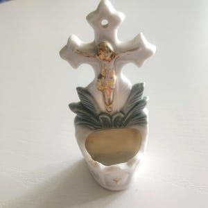 Vintage Porcelain Crucifix Holy Water Wall Hanging -- Catholic Christ Cross Jesus Decor -- Christianity Items -- Religious Home Decor