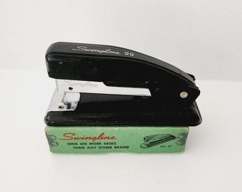 Vintage Staplers -- Swingline 99 Black Small Stapler With Box Of Staples -- Vintage Office Desk Top Decor -- Old Style School Staplers