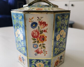 Vintage Octagonal Tin, Daher Floral Chinoiserie, Made in Belgium, Cookie Container