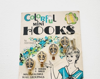 Necessa Fleur De Lis Gold Mini Hooks --  Miniature Decorative Wall Hooks For Wall Handings -- Mid-Century Home Decor -- Vintage Wall Hanging
