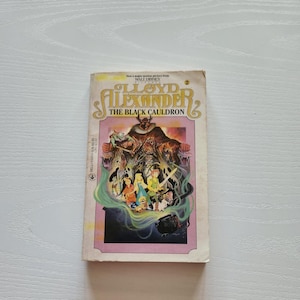 May include: A paperback book titled "The Black Cauldron" by Lloyd Alexander. The cover features a colorful illustration of characters and a dark figure. The book has a pink border and the Disney logo.